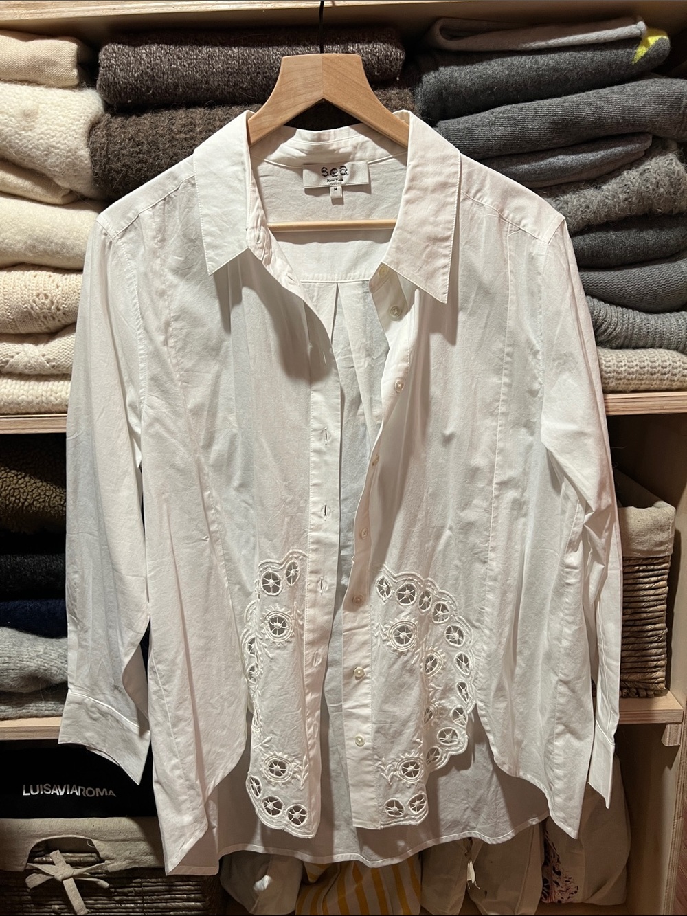 Sea New York White Cotton Button-Down Shirt with Eyelet Detail nwot, size M